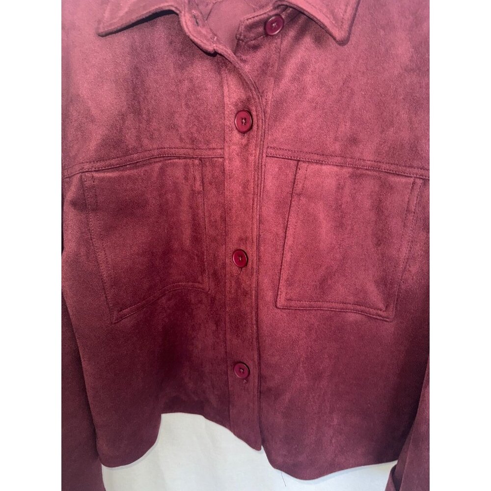 Tahari Burgundy Faux Suede Lined Cropped Jacket, Button Front Size XL.